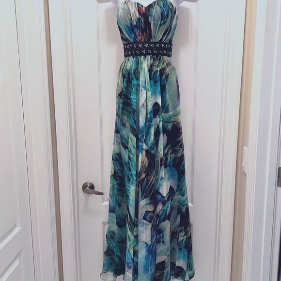 La Famme Long Maxi Multi Color Tropical Sz 0-Strapless Beaded Floral Waist Dress - Picture 1 of 15